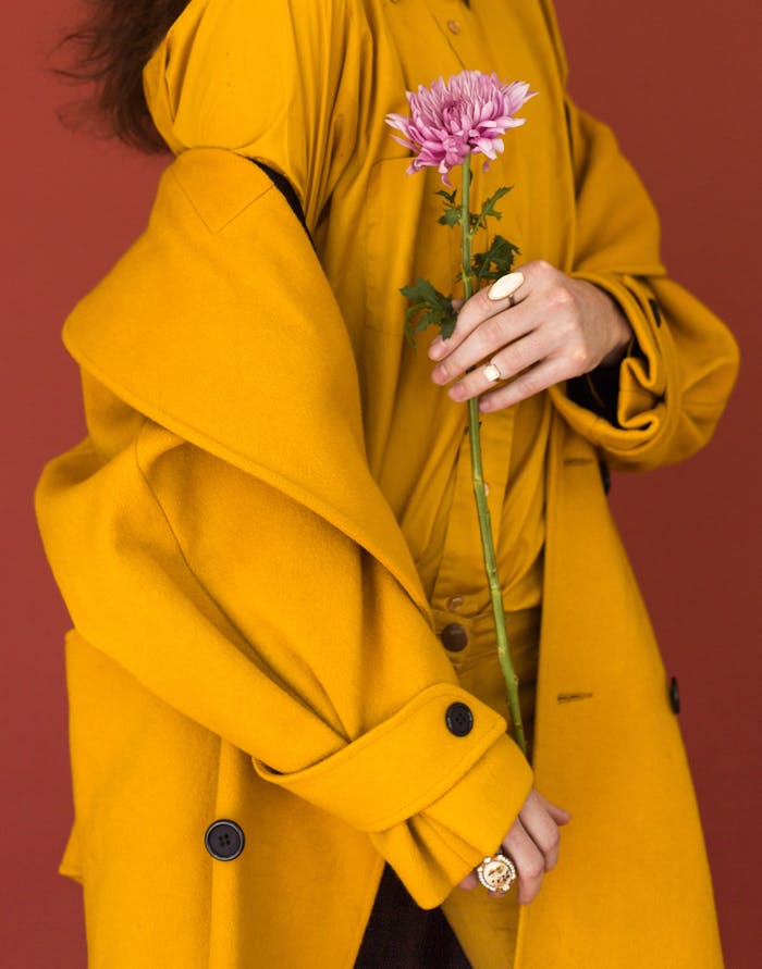 Chic woman in yellow coat holding a pink chrysanthemum on a red background.